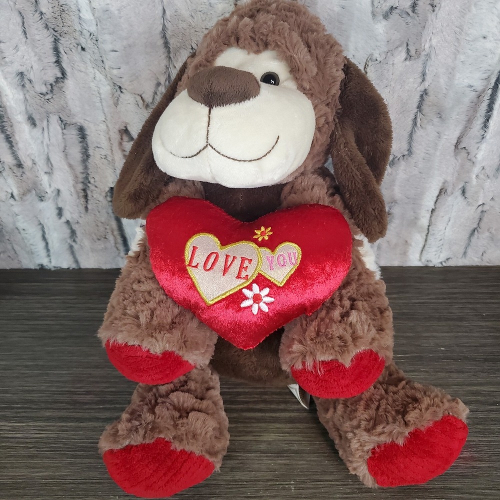 Kellytoy 16" Large Puppy Dog Valentine Love You Heart Brown Red Plush Toy EUC